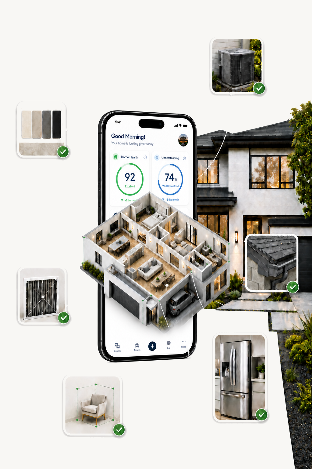 A modern home connected to its Domitas digital twin, shown through the complete Home screen and connected home systems